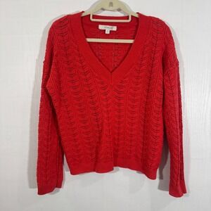 Anthropologie‎ Flat White V-Neck
Red Cotton Pointelle Women Sweater Size XL